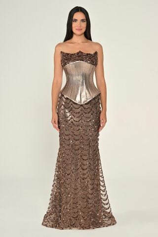 Straplez Korse Bel Payet Uzun Elbise