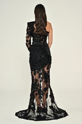 Tek Kol 3 Boyut Çiçek Kumaş Önden Yırtmaçlı Uzun Elbise