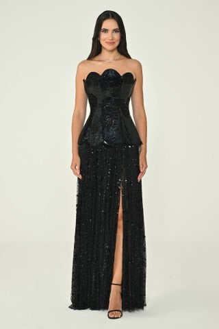 Straplez Üst İpek Kadife Eteği Payet Uzun Elbise