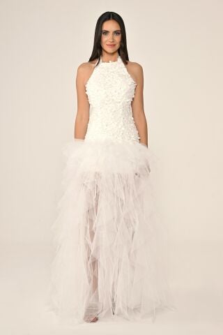 Halter Yaka Üst 3 Boyut Çiçekli Eteği Katlı Tül Uzun Elbise