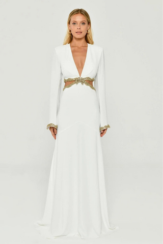 v-neck-white-evening dress