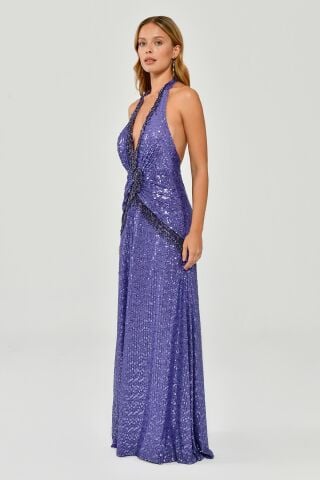 Boyundan Bağlamalı Sırt Dekolteli Saçak Aksesuarlı Payet Uzun Elbise Lila - 38