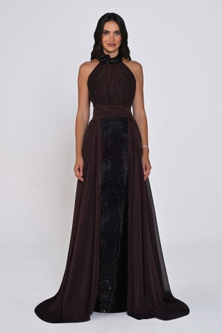 Halter Yaka Eteği Payet Drapeli Şifon Elbise