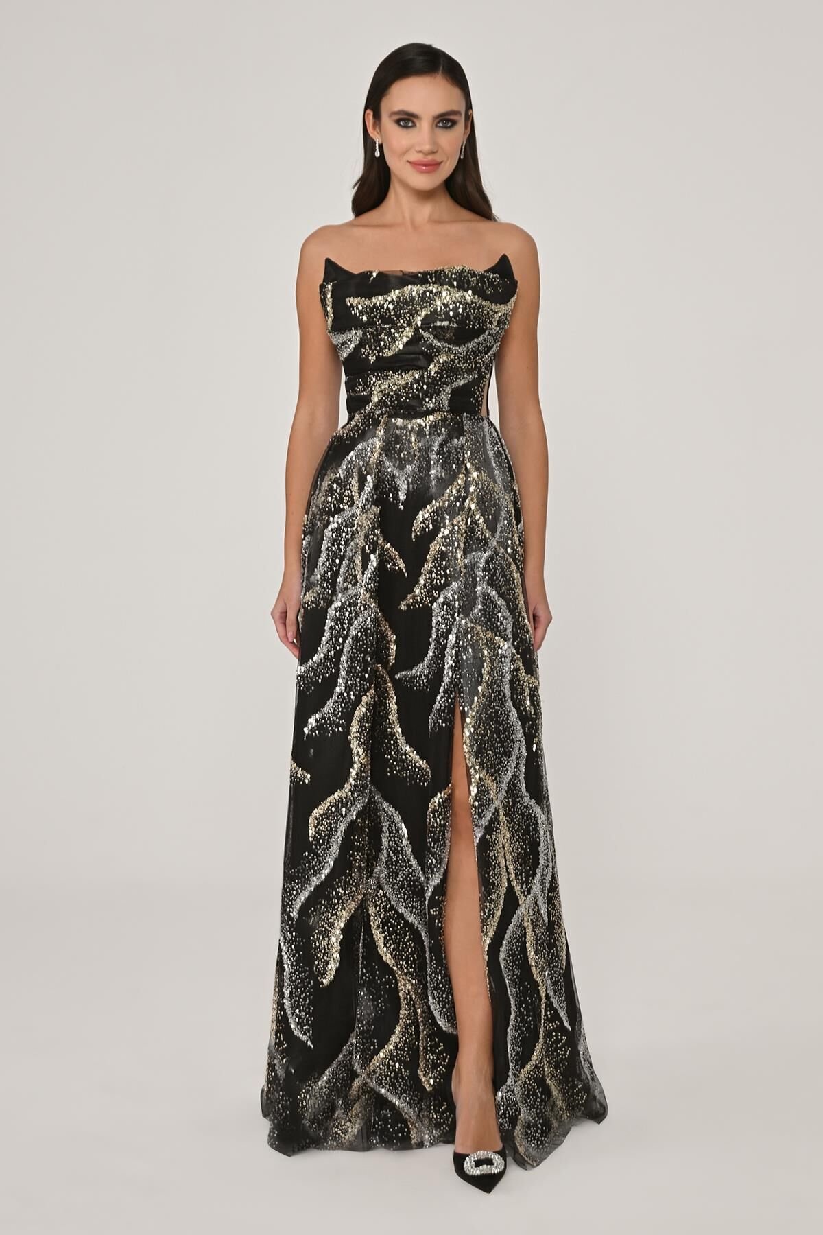 Kayık Yaka Payet Kumaş Uzun Elbise Siyah - 38