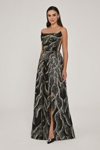 Kayık Yaka Payet Kumaş Uzun Elbise Siyah - 38