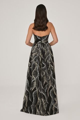 Kayık Yaka Payet Kumaş Uzun Elbise Siyah - 38