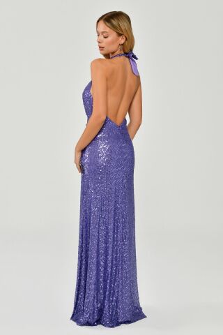 Boyundan Bağlamalı Sırt Dekolteli Saçak Aksesuarlı Payet Uzun Elbise Lila - 40