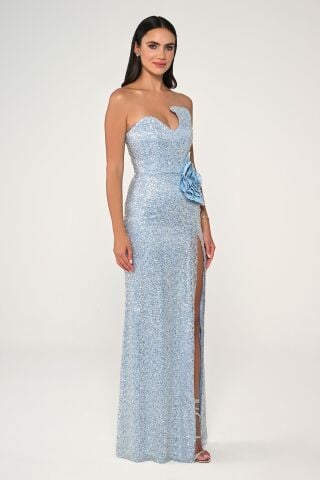 Straplez Göğüsü Asimetrik Kesim Payet Kumaş Uzun Elbise AÇIK MAVİ - 40