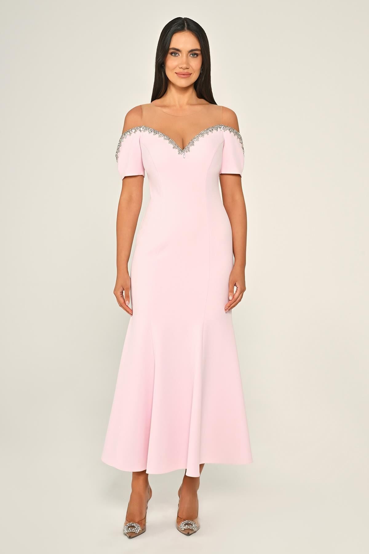 Midikleid aus Crêpe mit Steinkragen und tiefen Ärmeln, Pink – 42