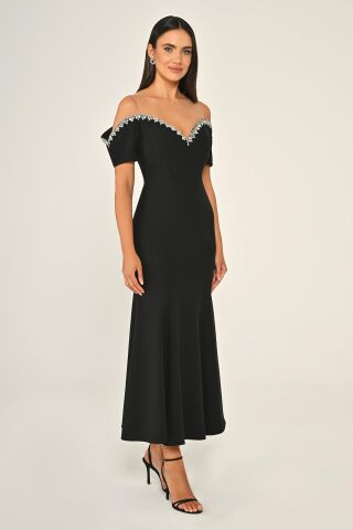 Yakası Taşlı Düşük Kol Krep Midi Elbise Siyah - 42