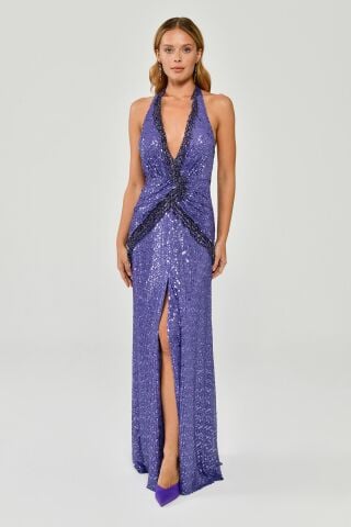 Halter Neck Low-Cut Back Fringe Accessory Sequin Long Dress Lilac - 44