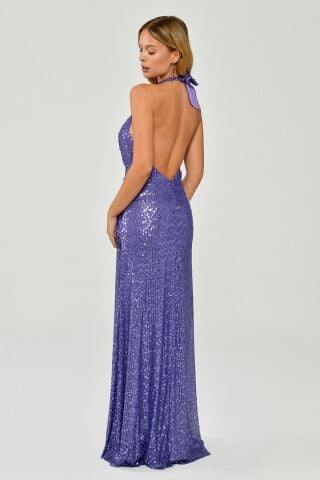Halter Neck Low-Cut Back Fringe Accessory Sequin Long Dress Lilac - 44