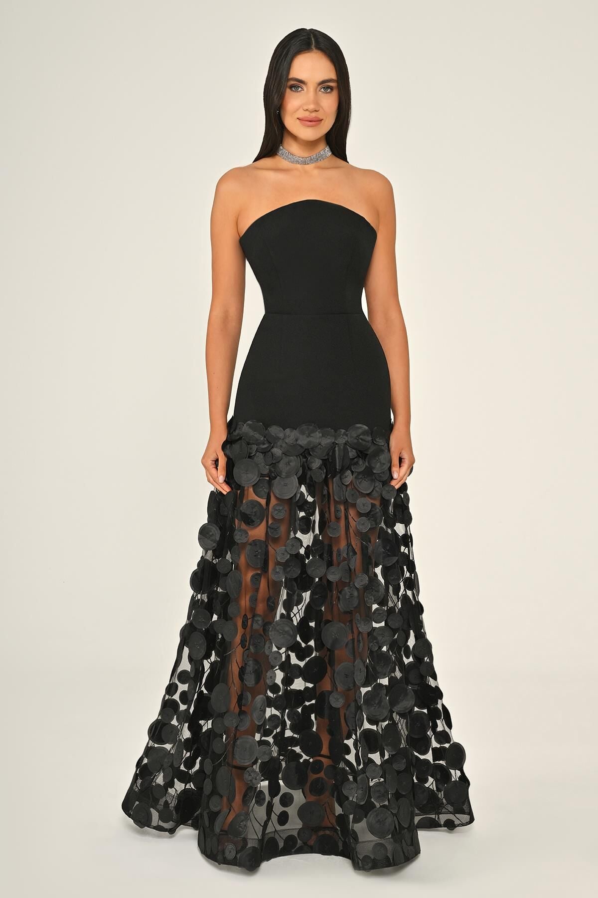 Straplez Üst Krep Eteği 3 Boyutlu Tül Uzun Elbise SİYAH / SİYAH - 44