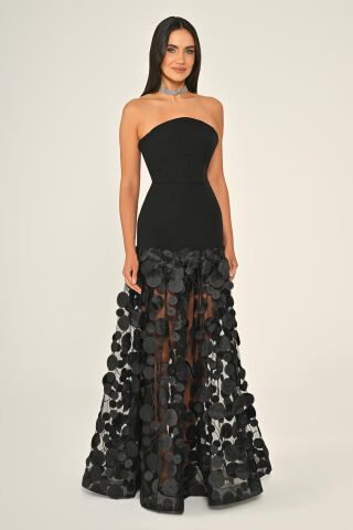 Straplez Üst Krep Eteği 3 Boyutlu Tül Uzun Elbise SİYAH / SİYAH - 44