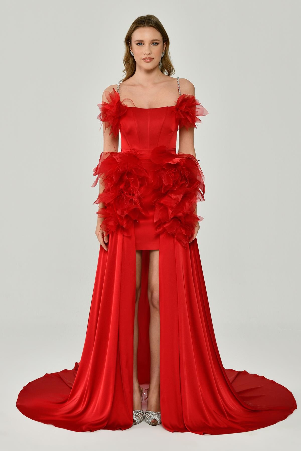 Red Satin Dress with Tulle Accessories, Short on the Front and Long on the Back - 38