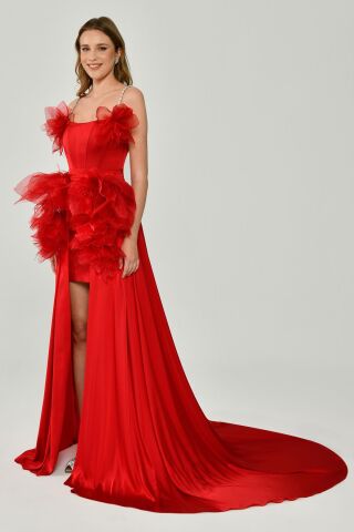 Red Satin Dress with Tulle Accessories, Short on the Front and Long on the Back - 38