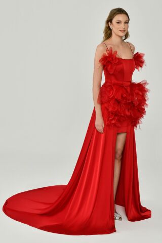 Red Satin Dress with Tulle Accessories, Short on the Front and Long on the Back - 38