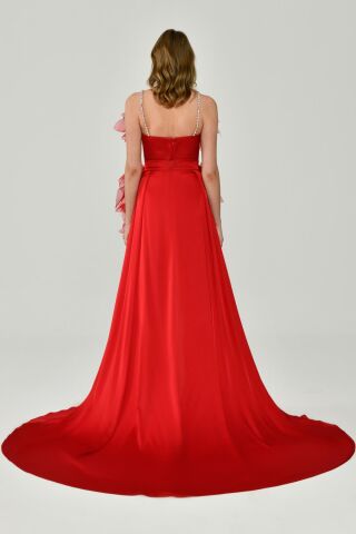 Red Satin Dress with Tulle Accessories, Short on the Front and Long on the Back - 38