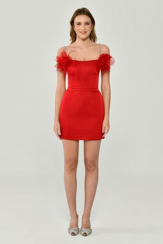 Red Satin Dress with Tulle Accessories, Short on the Front and Long on the Back - 38
