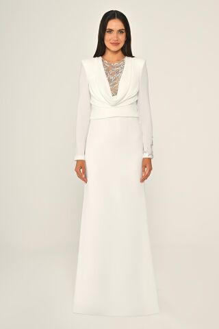 Langes Kleid aus Crêpe mit Pailletten und Wasserfallausschnitt, Weiß - 44