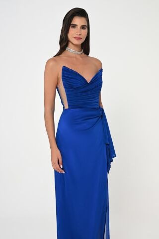 Straplez Üst Pliseli Yandan Yırtmaçlı Şifon Uzun Elbise SAKS - 42