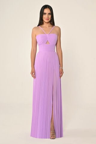 Örgü Askılı Pileli Şifon Uzun Elbise