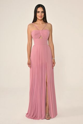 Örgü Askılı Pileli Şifon Uzun Elbise