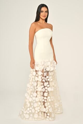 Straplez Üst Krep Eteği 3 Boyutlu Tül Uzun Elbise EKRU - 44