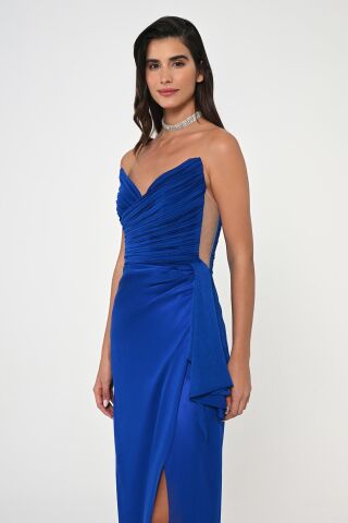 Straplez Üst Pliseli Yandan Yırtmaçlı Şifon Uzun Elbise SAKS - 44