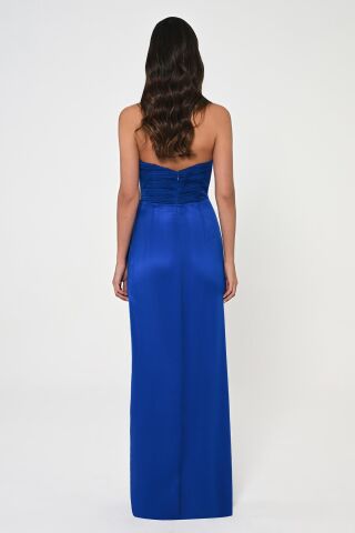 Straplez Üst Pliseli Yandan Yırtmaçlı Şifon Uzun Elbise SAKS - 44