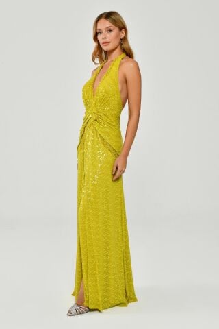 Halter Neck Low-Cut Back Sequin Long Dress With Fringe Accessory OXIDE GREEN - 38
