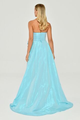 Straplez Yandan Yırtmaçlı parlak Kumaş Uzun Elbise MAVİ - 42