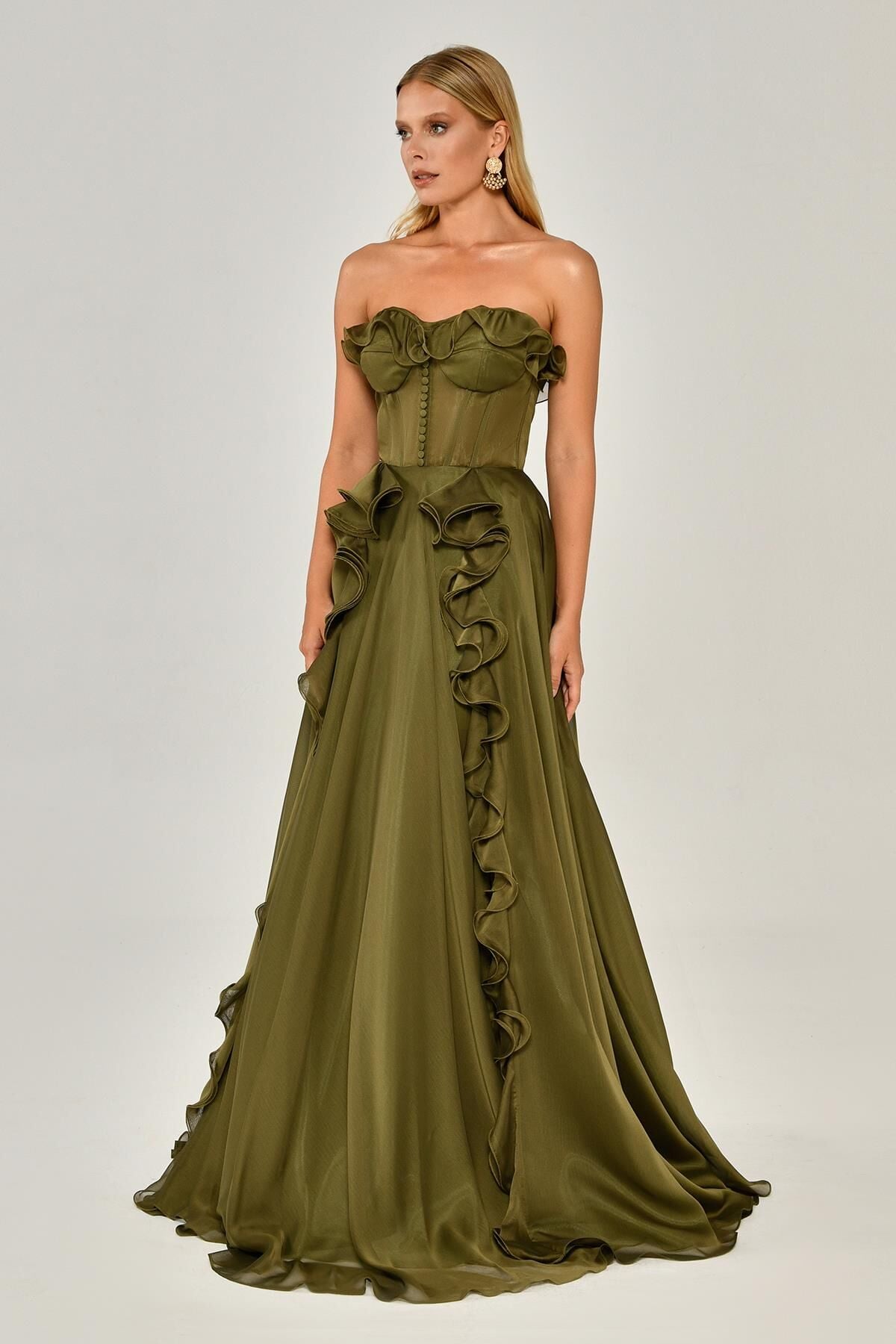 Straplez Fırfırlı Çift Yırtmaçlı Şifon Uzun Elbise Nefti - 42