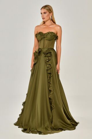 Straplez Fırfırlı Çift Yırtmaçlı Şifon Uzun Elbise Nefti - 42