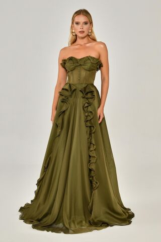 Straplez Fırfırlı Çift Yırtmaçlı Şifon Uzun Elbise Nefti - 42