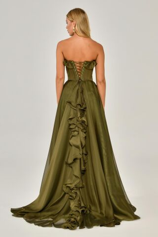 Straplez Fırfırlı Çift Yırtmaçlı Şifon Uzun Elbise Nefti - 42