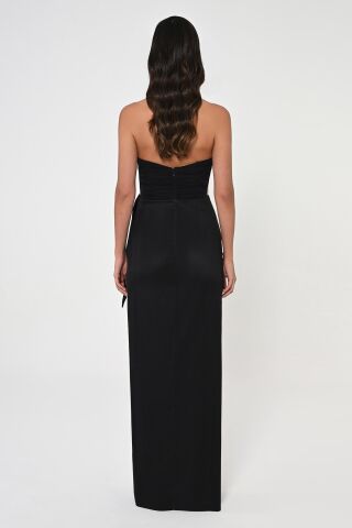 Straplez Üst Pliseli Yandan Yırtmaçlı Şifon Uzun Elbise Siyah - 38