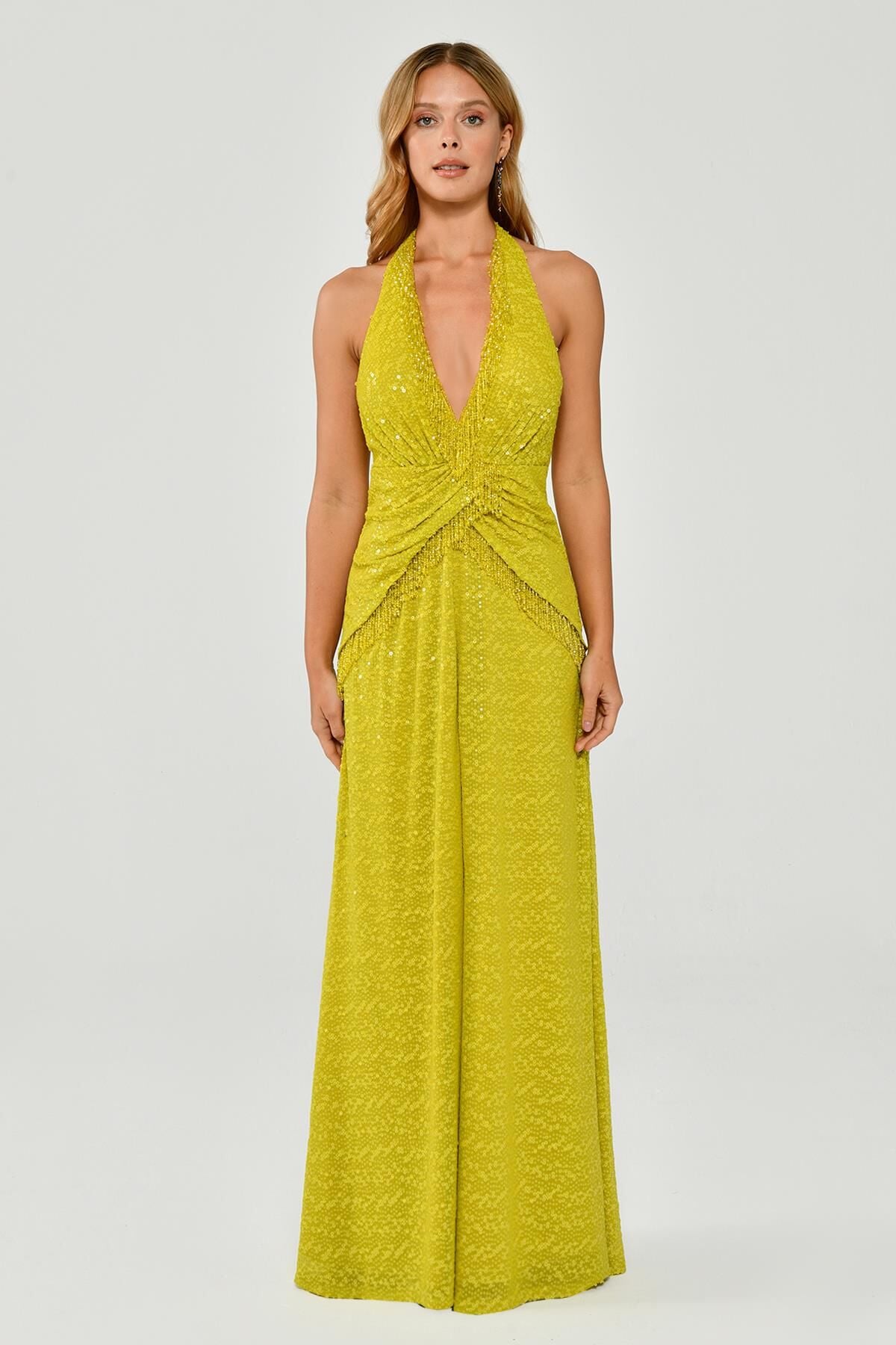 Boyundan Bağlamalı Sırt Dekolteli Saçak Aksesuarlı Payet Uzun Elbise OKSİT YEŞİL - 42