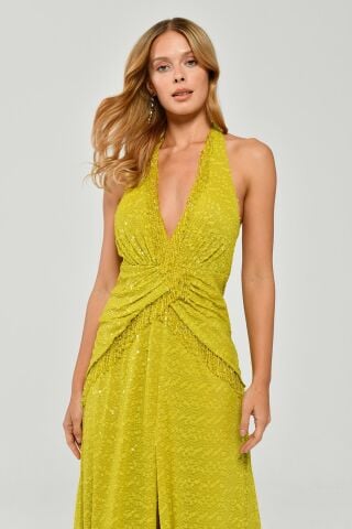 Boyundan Bağlamalı Sırt Dekolteli Saçak Aksesuarlı Payet Uzun Elbise OKSİT YEŞİL - 42