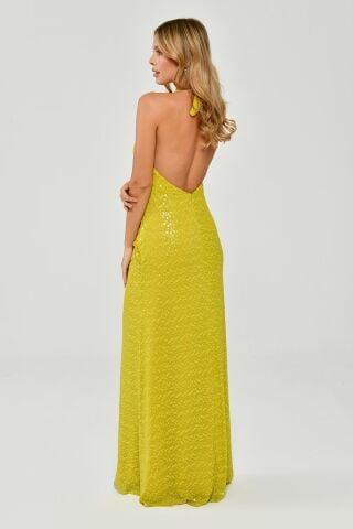 Boyundan Bağlamalı Sırt Dekolteli Saçak Aksesuarlı Payet Uzun Elbise OKSİT YEŞİL - 42