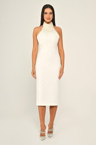 Halter Yaka Boncuklu Krep Midi Elbise Beyaz - 40