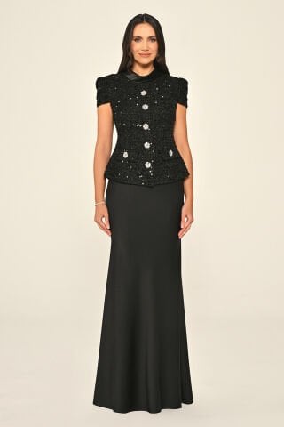 Tüvit Payet Ceketli Taşlı Düğmeli Eteği Saten Uzun Elbise