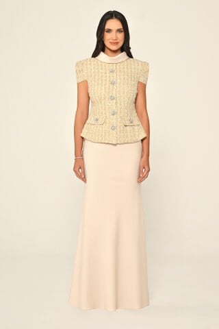 Tüvit Payet Ceketli Taşlı Düğmeli Eteği Saten Uzun Elbise