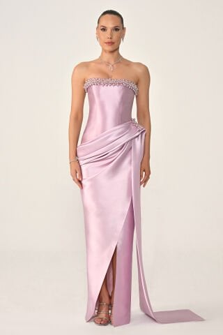 Straplez Boncuklu Yandan Kuyruklu Ziberlin Kumaş Uzun Elbise