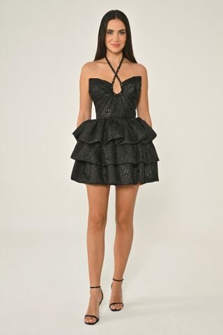 Jacquard Short Dress with Crossed Neck Straps