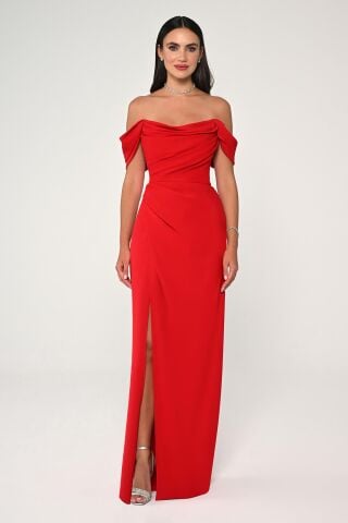 Schulterfreies, langes Crêpe-Kleid mit Seitenschlitz, Rot - 46