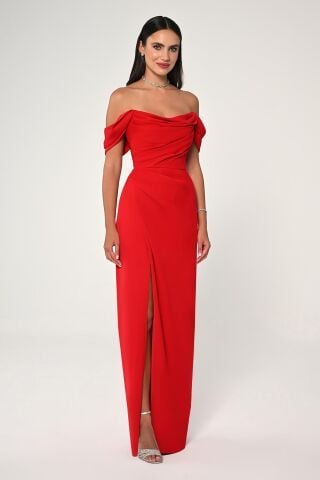 Schulterfreies, langes Crêpe-Kleid mit Seitenschlitz, Rot - 46