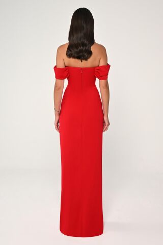 Düşük Omuz Yandan Yırtmaçlı Uzun Elbise Kırmızı - 46