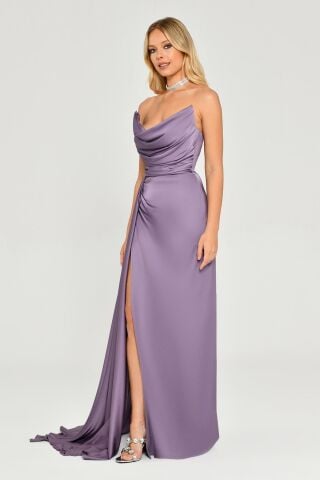 Kayık Yaka Yırtmaçlı Saten Elbise Koyu Lila - 42
