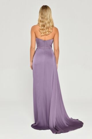 Kayık Yaka Yırtmaçlı Saten Elbise Koyu Lila - 42